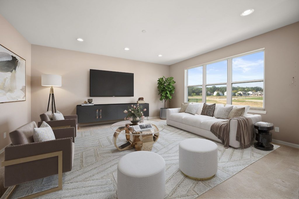 A virtually staged living room with modern furniture and decor