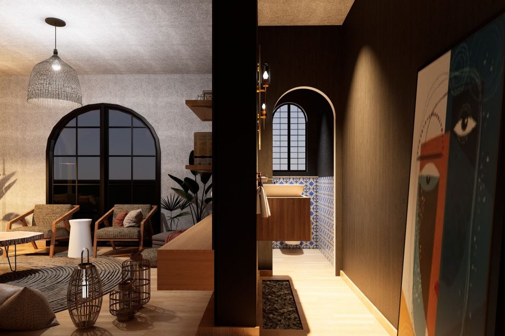 Virtual staging in a modern luxury apartment interior with a living room and a bathroom