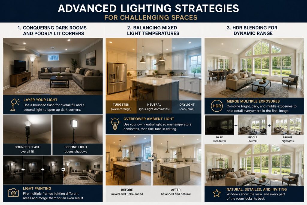 Infographic showing advanced real estate photography lighting techniques for dark rooms, mixed light temperatures and HDR blending