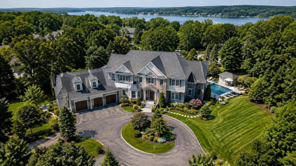 An aerial drone shot of a large house