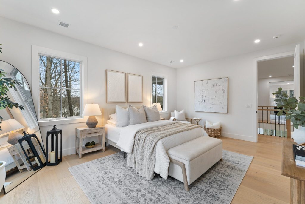 An interior shot of a beautifully decorated bedroom