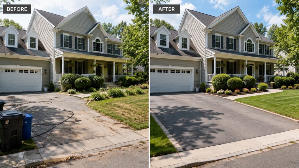 Before-and-after comparison showing improved curb appeal through landscaping, decluttering and exterior property preparation