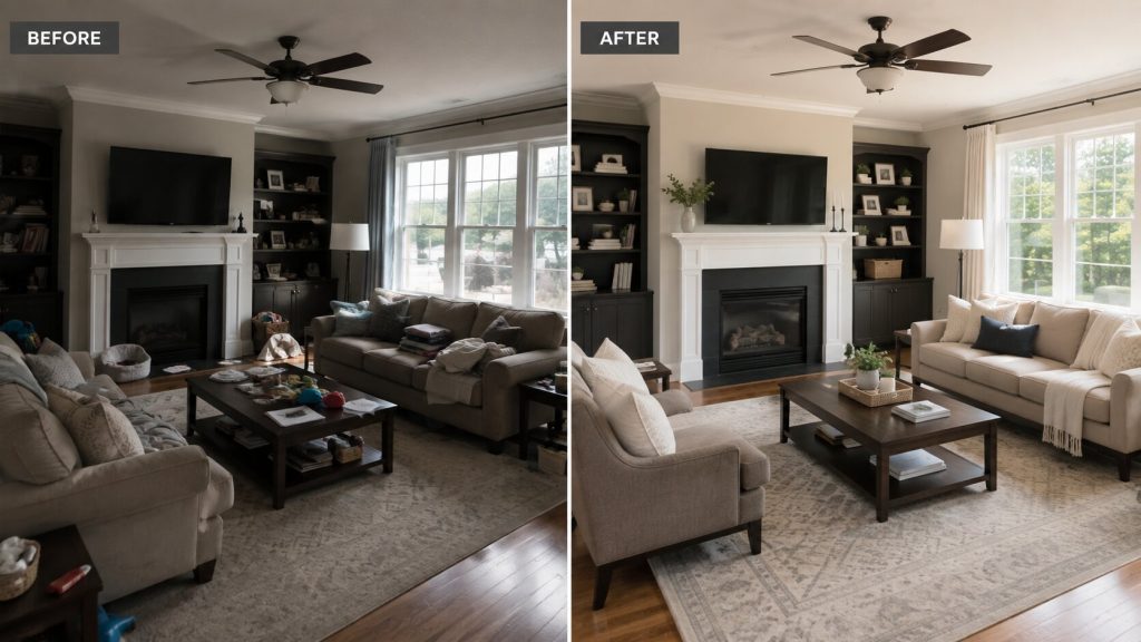 A before and after shot of a lounge - one with poor lighting, one with better lighting