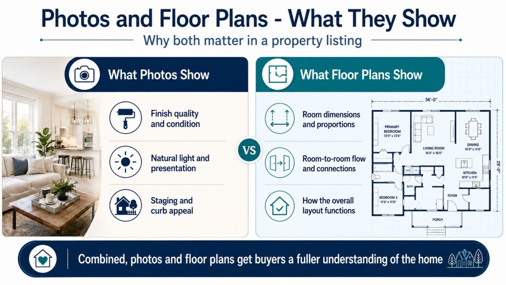 An infographic showing the benefits of combining photos and floor plans