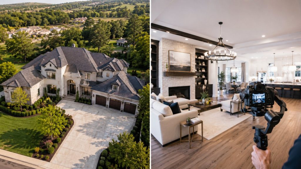 Aerial drone footage and interior walkthrough shots for a real estate listing video