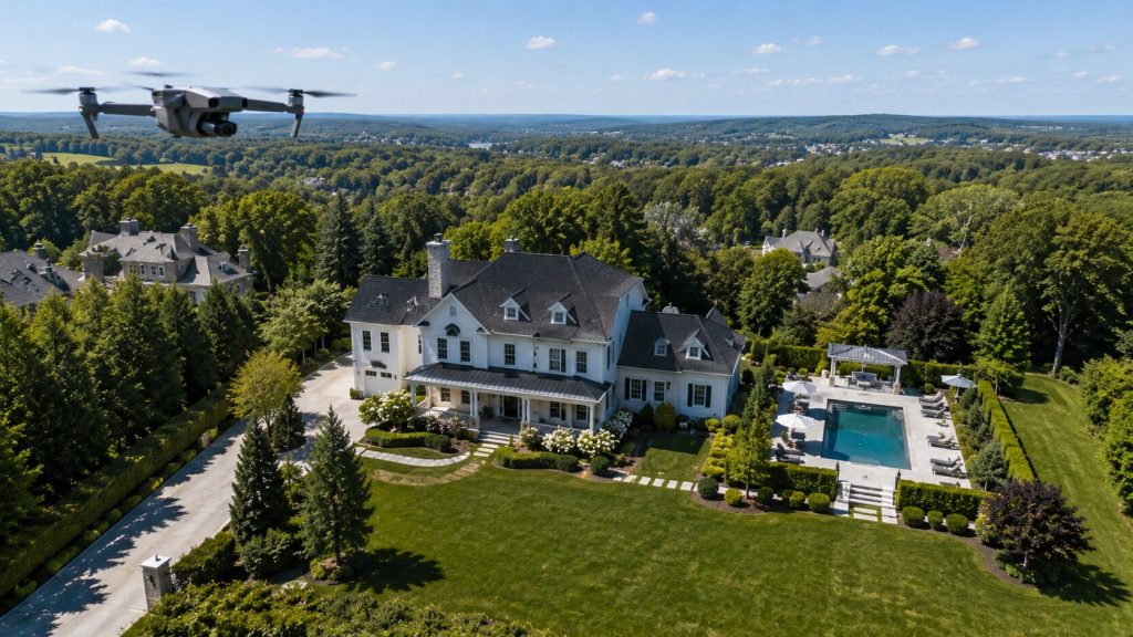 A drone in the foreground takes a live shot of a mansion
