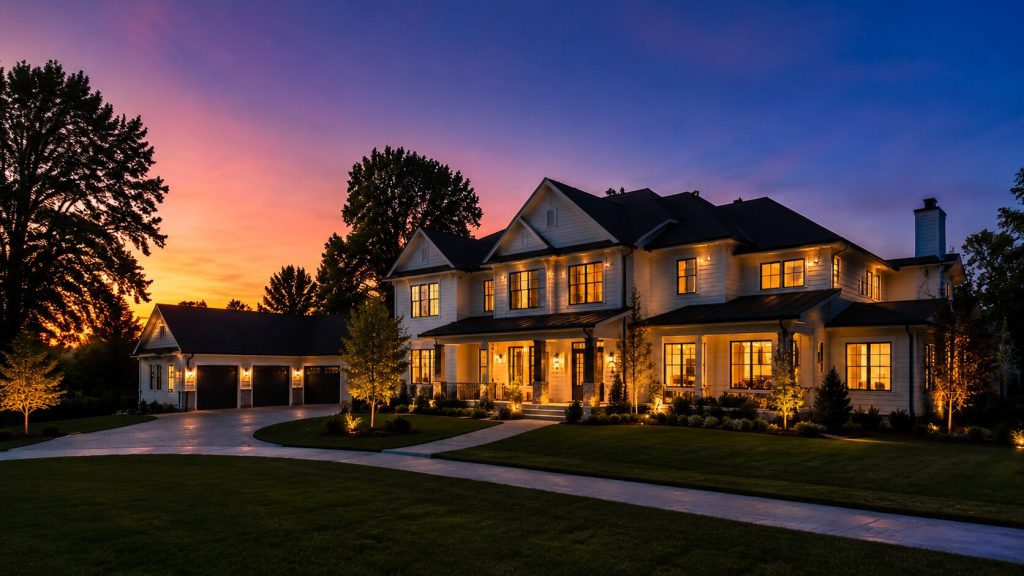 Luxury home photographed at twilight with warm interior lights glowing against a vivid blue and orange sunset sky