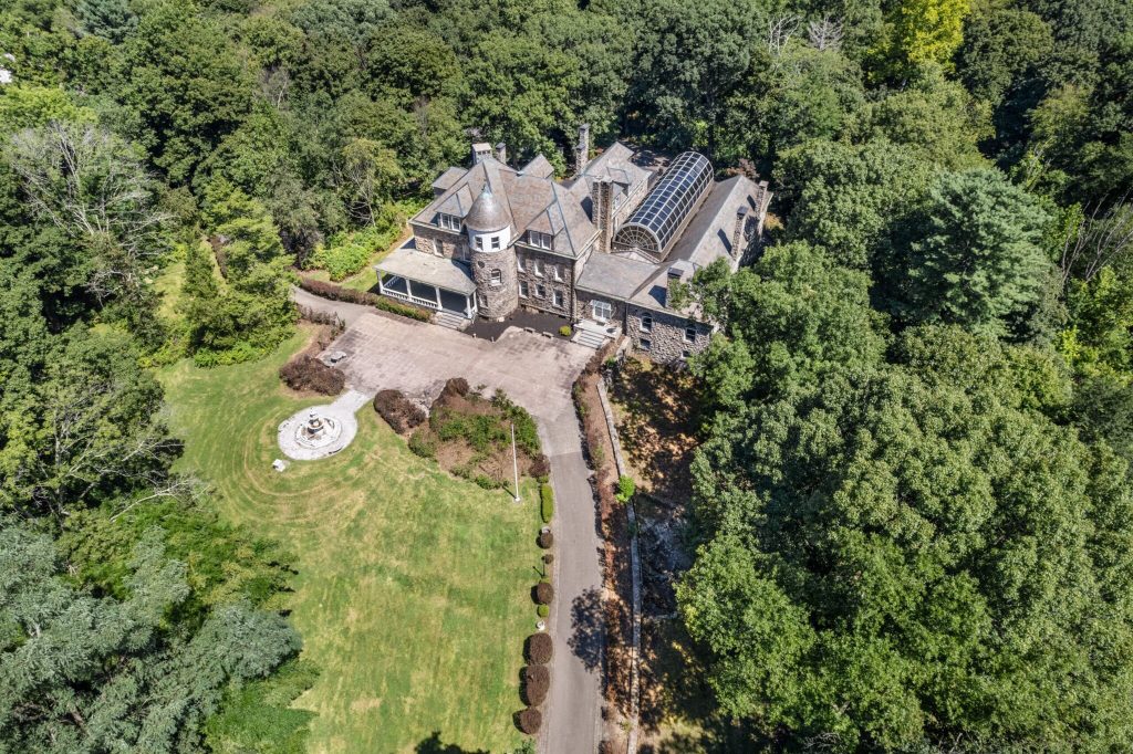 An aerial shot of a large mansion in Westchester, NY