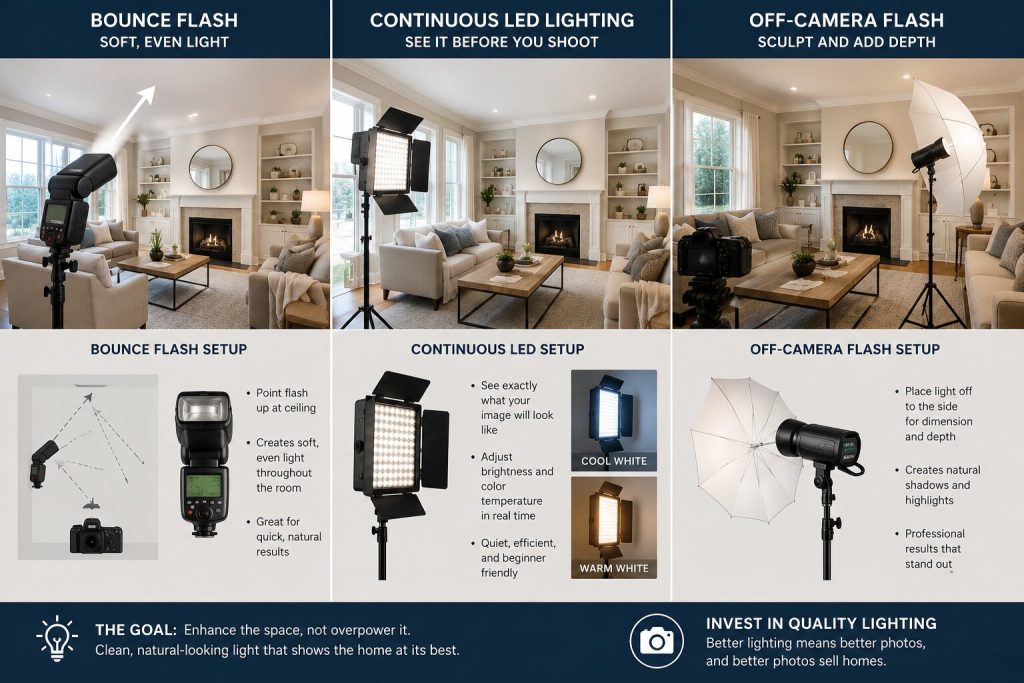 Real estate photography lighting setups showing bounce flash, continuous LED panels and off-camera flash techniques