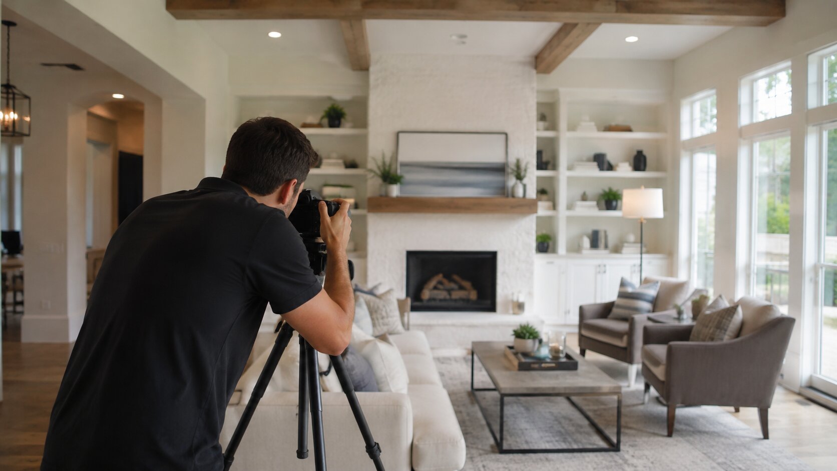 Professional real estate photographer capturing a bright, beautifully staged modern living room