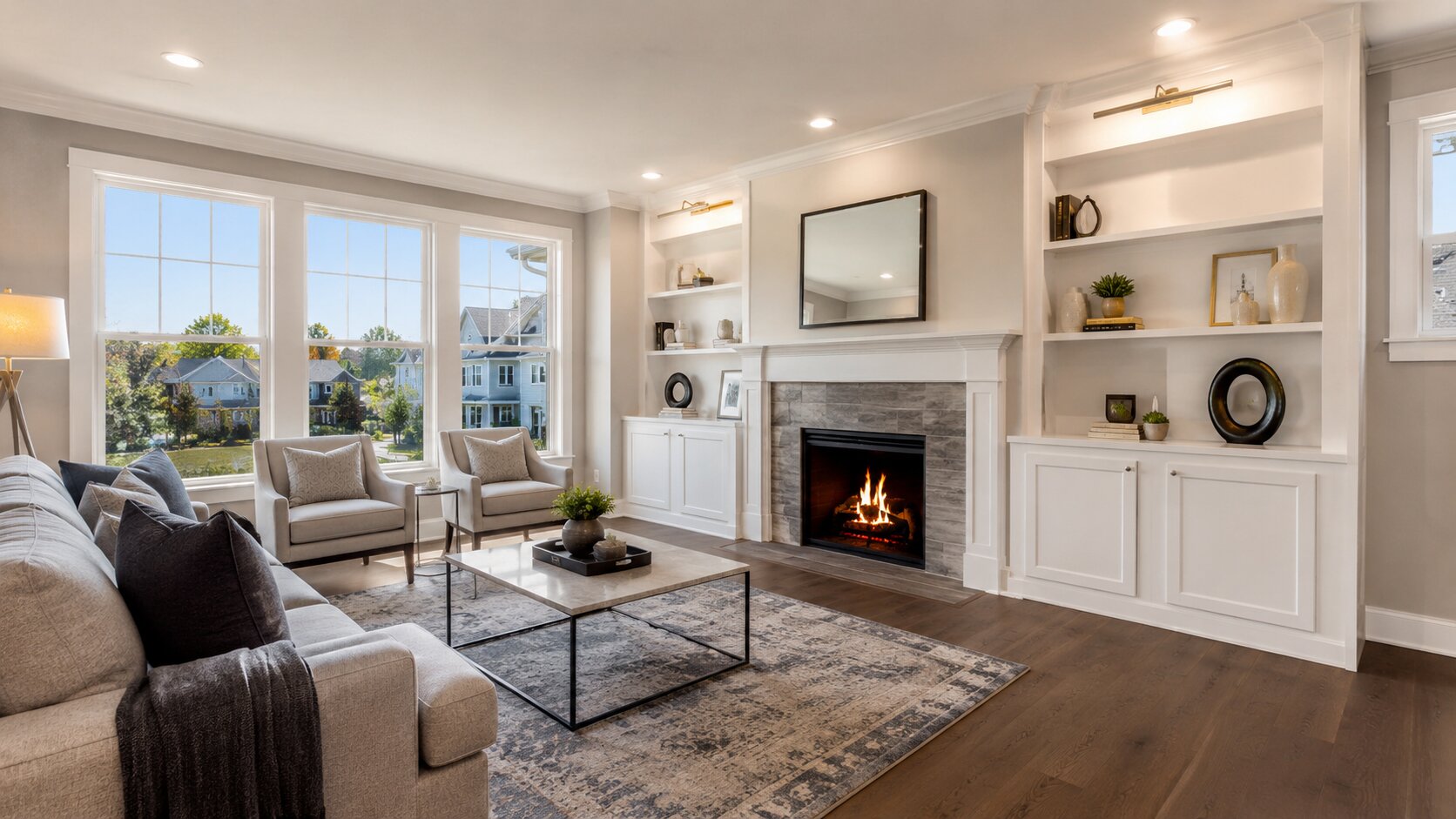 Bright, professionally lit living room with large windows, modern furnishings, built-in shelving and a glowing fireplace