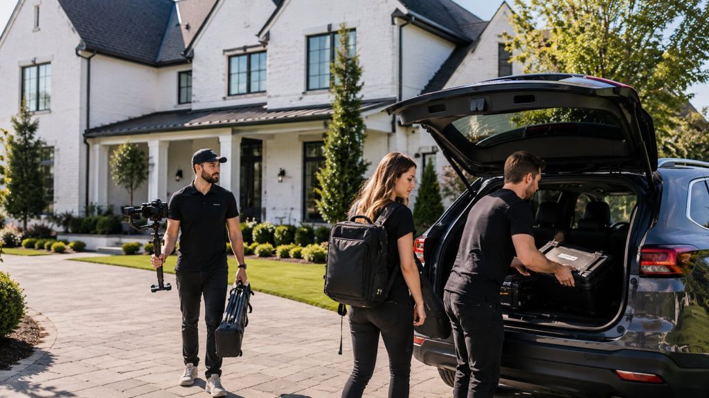 A real estate media team arriving to film a listing video