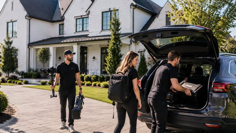 A real estate media team arriving to film a listing video
